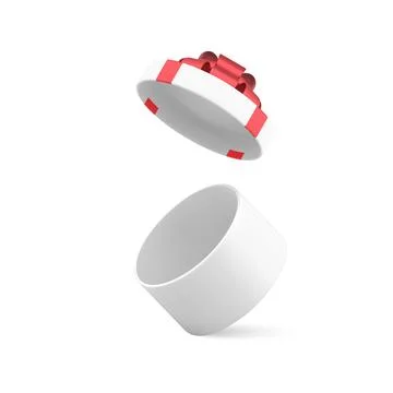 White empty circle gift box with red bow ribbon and open flying lid 3d icon.. Illustrazione stock