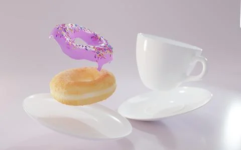 White empty coffee cup with saucer and donut with pink glaze soaring up. Dessert Illustrazione stock