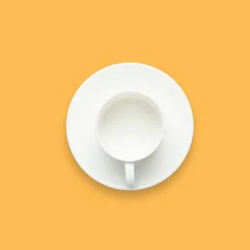 White empty coffee or tea cup kitchen dish object top view flat lay orange ba Stock Photos
