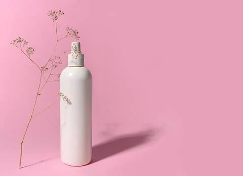 White empty container for cosmetics with dry flowers. Stock Photos