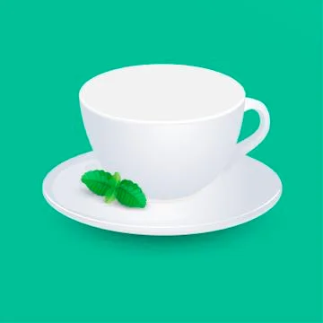 White empty cup mockup with mint on plate vector design. Isolated on green  Stock Illustration