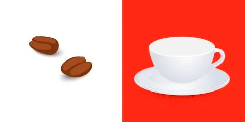 White empty cup mockup on plate and coffee grains. Vector design. Stock Illustration