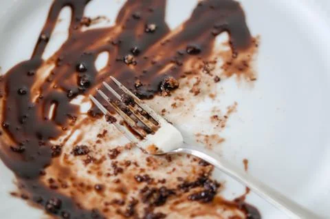 White empty dirty dish. Chocolate cake is finished. Stock Photos