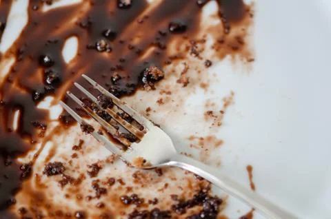 White empty dirty dish. Chocolate cake is finished. Stock Photos