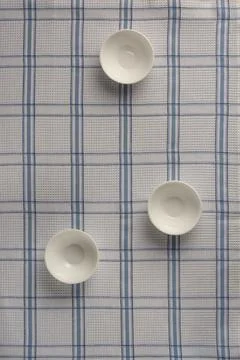 White empty drinking bowls on checkered tablecloth Stock-Fotos