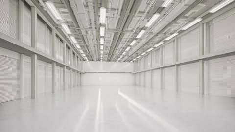White empty factory interior fully enclosed with ceiling lights Stock Footage 347580961
