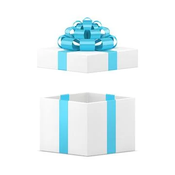 White empty gift box with open cap and festive bow ribbon package 3d icon r.. Stock Illustration