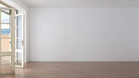 White Empty Hotel Room with Open Doors Overlooking the Beach, Yellow Sand Stock Illustration