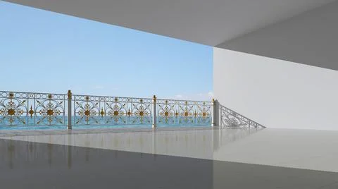 White empty interior with iron railings. Sea view. Balcony. Stock Illustration