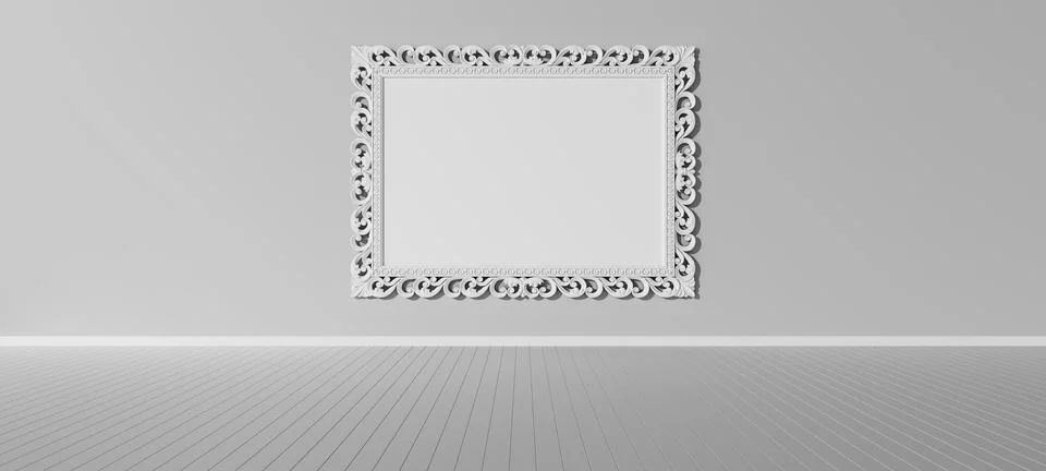 White empty interior with white carved wood frame. Empty canvas. Gallery. Stock Illustration