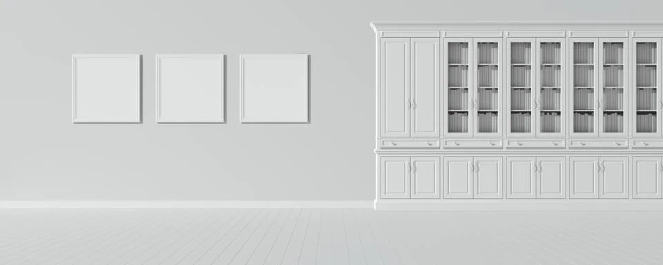 White empty interior with white classic wood bookcase with glass doors. Stock Illustration