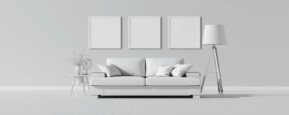 White empty interior with white modern sofa. Template for design. 스톡 일러스트