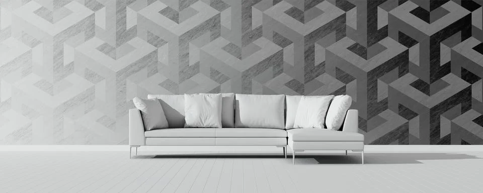 White empty interior with white modern sofa. 3D pattern. Stock Illustration