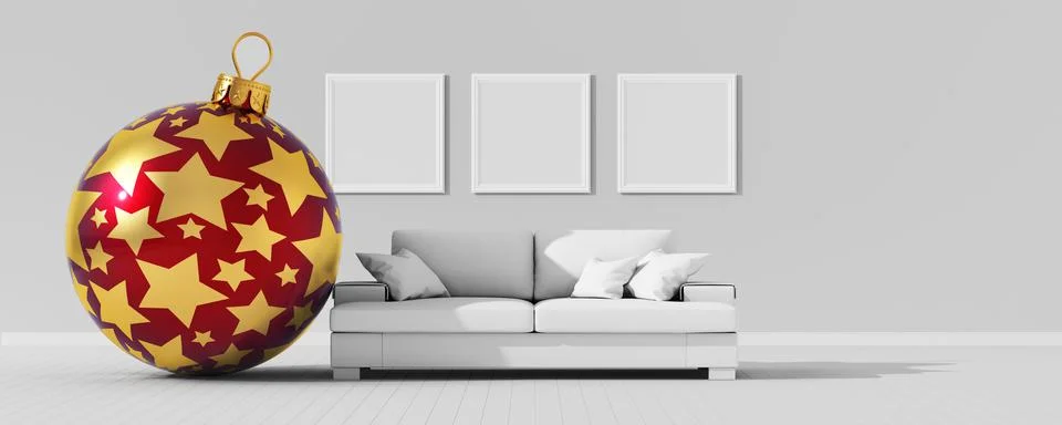 White empty interior with white modern sofa and red Christmas ball. Stock Illustration