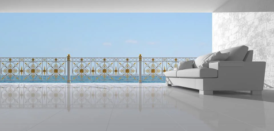 White empty interior with white sofa and iron railings. Gold decor. Stock Illustration