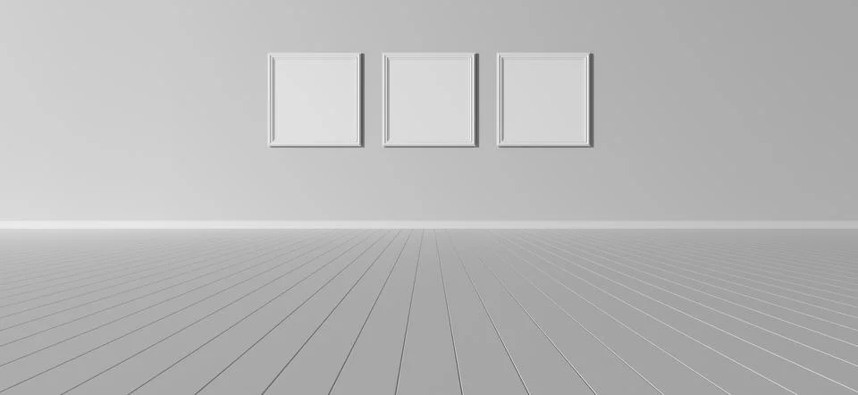 White empty minimalistic interior. Three blank mockup canvases on the wall. Stock Illustration