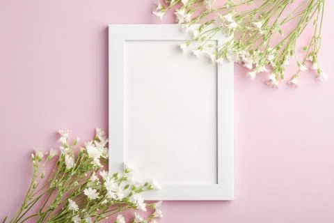 White empty photo frame mockup with mouse-ear chickweed flowers Stock Photos