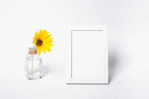 White empty picture frame mock up with yellow flower in glass jar Stock Photos