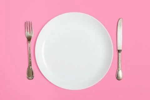 White empty plate with fork and knife 스톡 사진