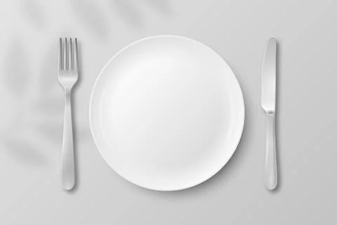 White Empty Plate with Silver Fork and Knife, 3d Vector Illustration. Table Stock Illustration