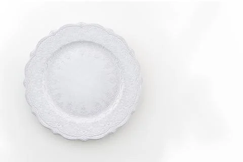 White empty plate on white table, top view copy space Stock Photos