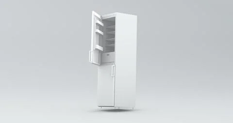 White Empty Refrigerator With One Open Door on a Soft Gray Studio Background. Stock Illustration