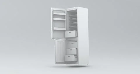 White Empty Refrigerator With Two Open Door on a Soft Gray Studio Background. Illustrazione stock