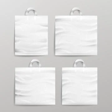 White Empty Reusable Plastic Shopping Realistic Bags Set With Handles. Close Up 库存插图