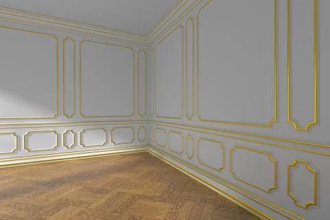 White empty room angle with gold molding and parquet Stock Illustration
