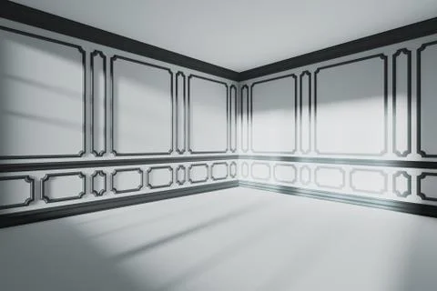 White empty room with black classic style decor wide angle Stock Illustration
