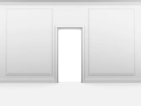 White empty room with a closed door and frame on the wall Illustrazione stock