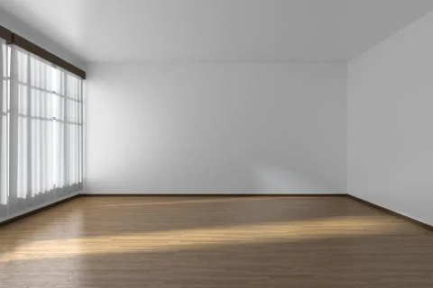 White empty room with flat walls, parquet floor and window, 3D illustration Stock Illustration