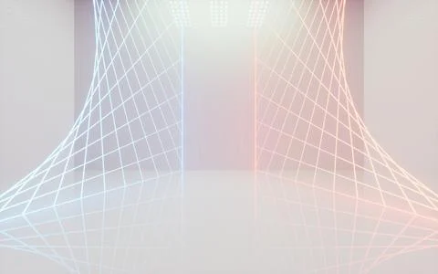 White empty room with glowing neon lines, 3d rendering. Stock Photos