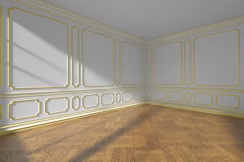 White empty room with gold molding and parquet, wide angle Stock Illustration