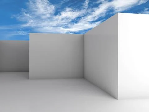 White empty room interior under cloudy blue sky Stock Illustration