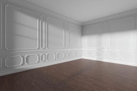 White empty room with molding and dark parquet wide angle Stock Illustration