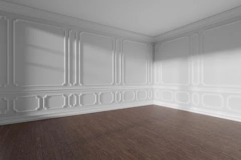 White empty room with molding and dark parquet floor Stock Illustration