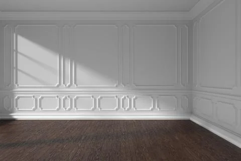 White empty room with molding and dark parquet floor Stock Illustration