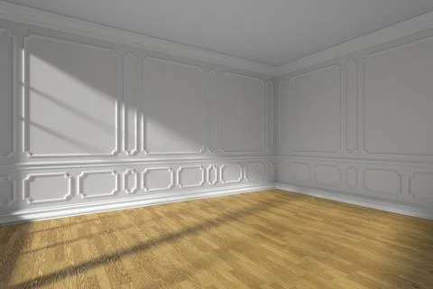 White empty room with molding and parquet floor wide angle Illustrazione stock
