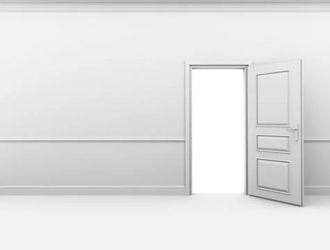 White empty room with an open door in the wall Illustrazione stock