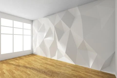White empty room with rumpled wall and wooden parquet floor Illustrazione stock