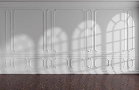 White empty room wall with molding, dark parquet and rounded windowsr Illustrazione stock