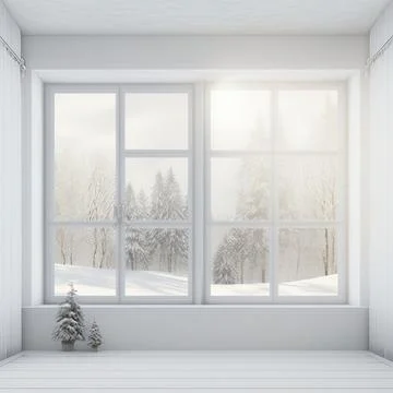 White empty room with winter landscape in window. Scandinavian Stock Illustration