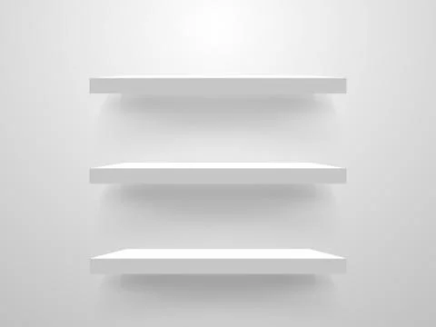 White empty shelves on light wall. Interior design mockup. Realistic store shelf Stock Illustration