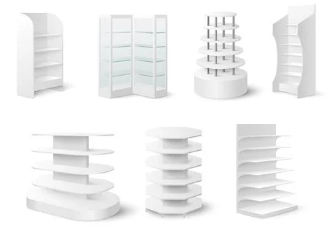 White empty showcase display mockup set, vector illustration. Retail display Stock Illustration