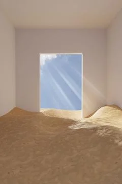 White empty space filled with desert sand, rays of sunlight fall through the  イラスト素材