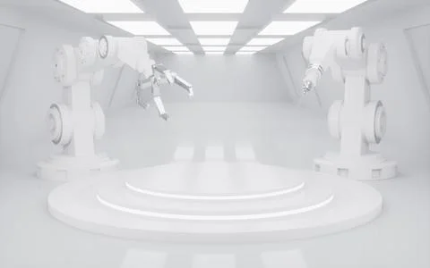 White empty stage with mechanical arms in the tunnel, 3d rendering. Stock Illustration