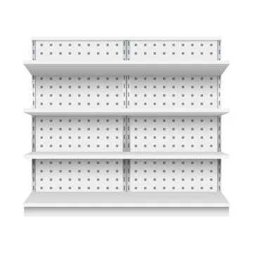 White empty store shelf rack mockup front. front view Product shelves counter Stock Illustration
