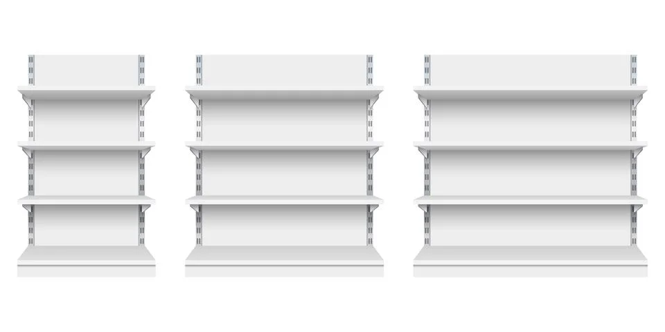 White empty store shelf rack mockup front. front view Product shelves counter Stock Illustration