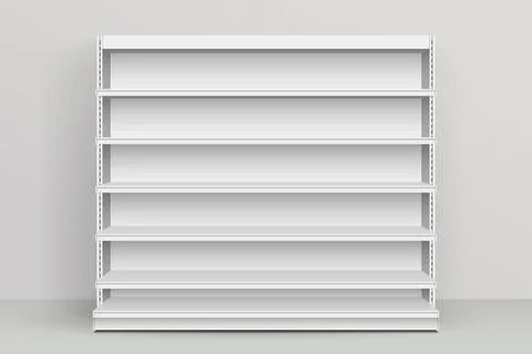 White empty store shelf rack mockup front. front view Product shelves Stock Illustration